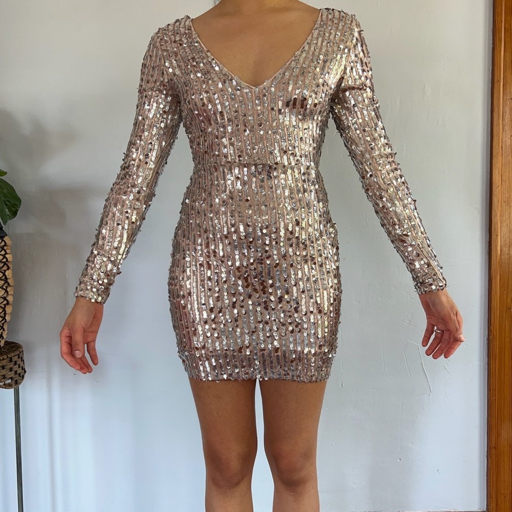 Fashion Nova Silver Sequin Blush Pink/ Nude Bodycon Dress